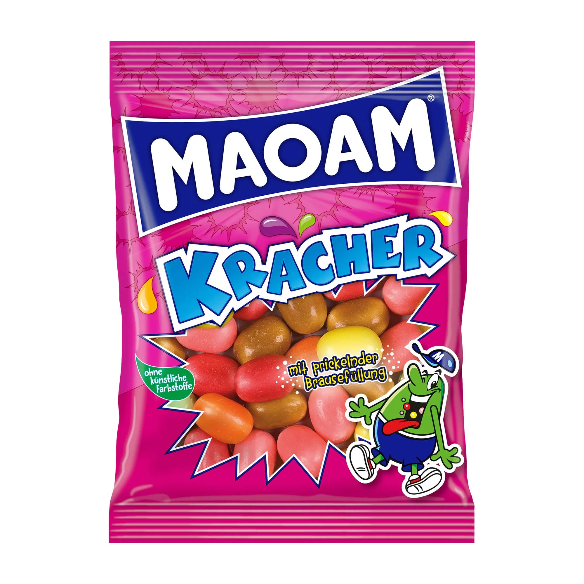 A package of Maoam Kracher Classic chewy candy featuring an assortment of colors representing different fruit flavors such as orange, strawberry, apple, lemon, raspberry, and cola.