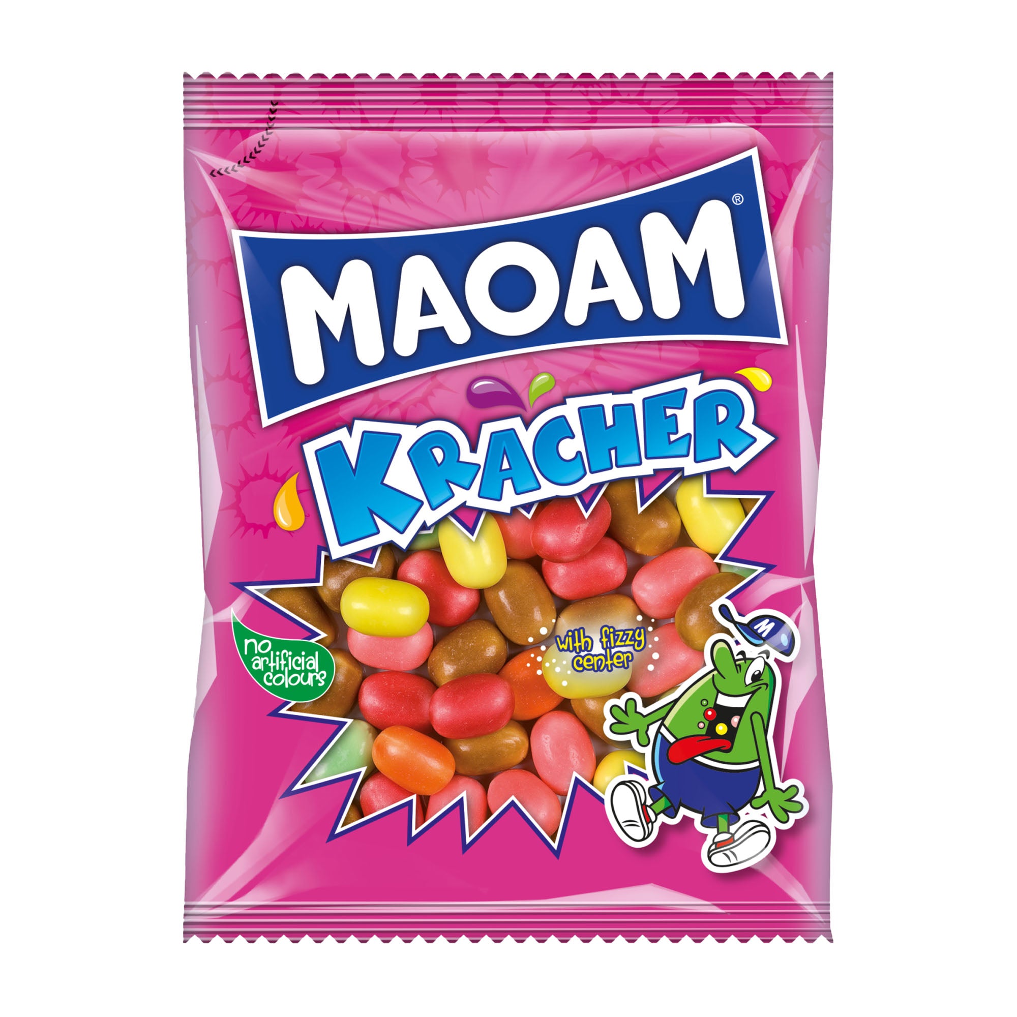Maoam Kracher candy package with colorful jelly beans on a pink background