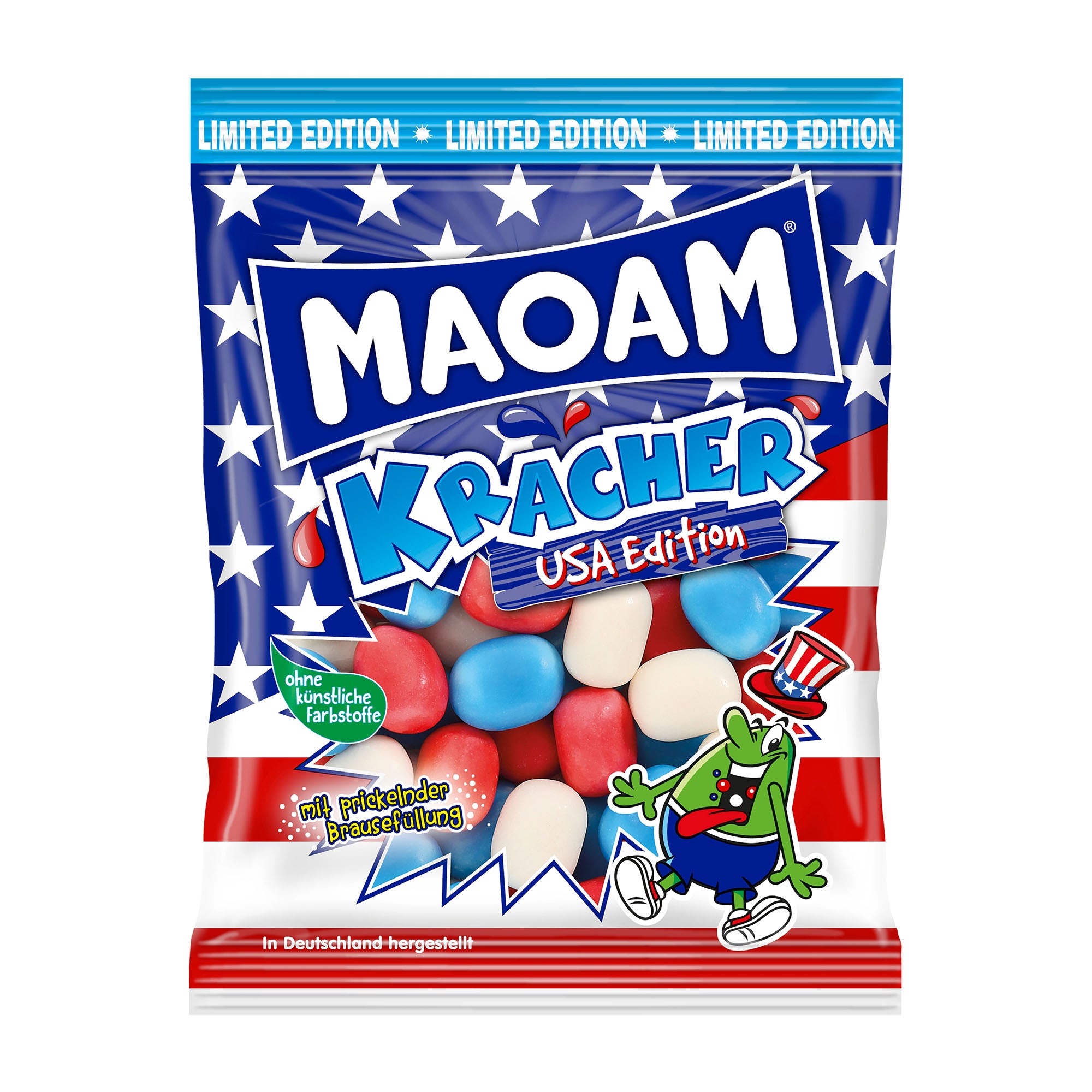 A package of MAOAM Kracher USA Edition chewy candies featuring American flag colors and a cartoon figure on the front.