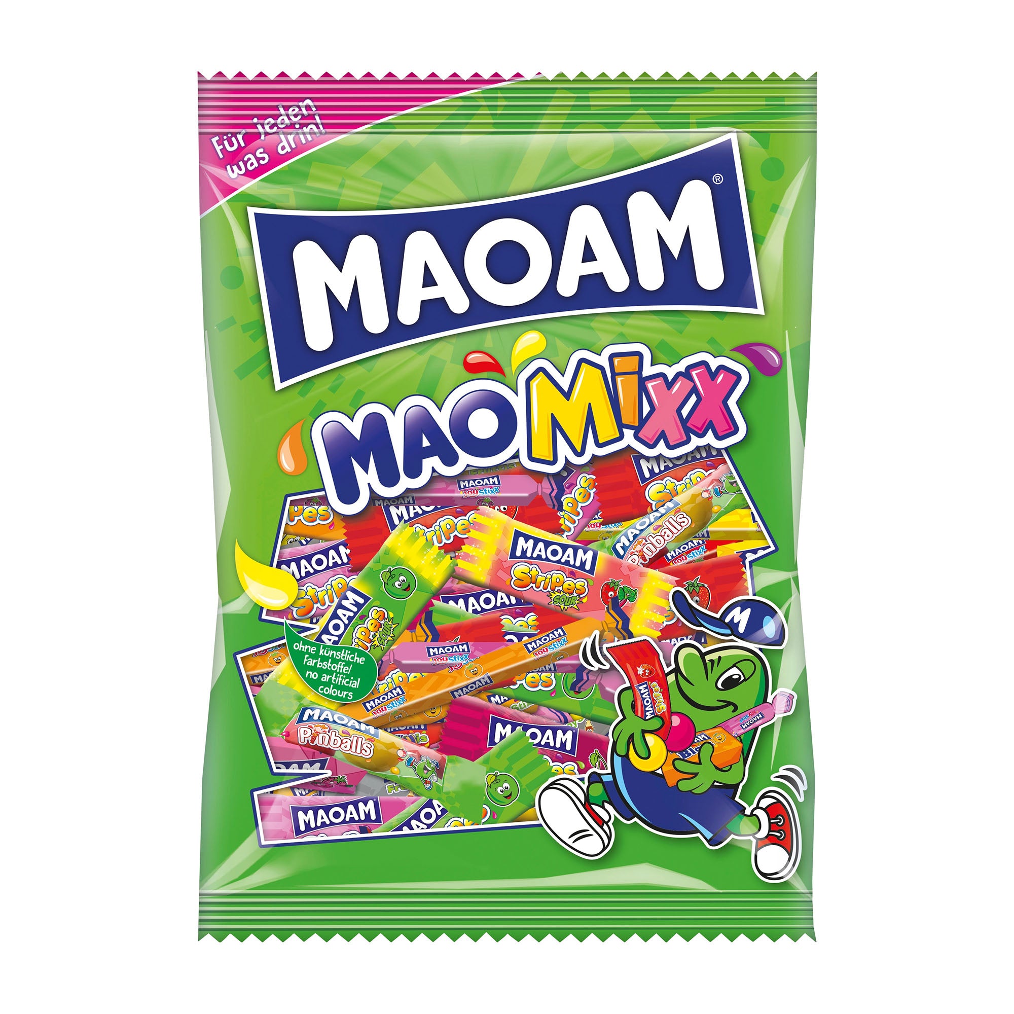 A package of MAOAM MaoMixx chewy candy featuring various chewy candies with fruity flavors and a tangy cola taste. The packaging is colorful with illustrations of the candies and the brand logo.