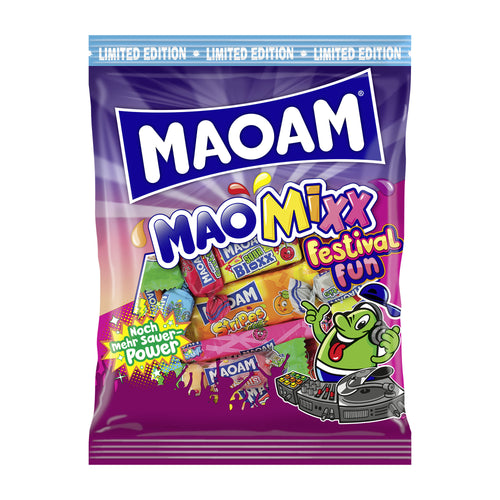Maoam maomixx festival fun chewy candy package with colorful design and limited edition text on a white background