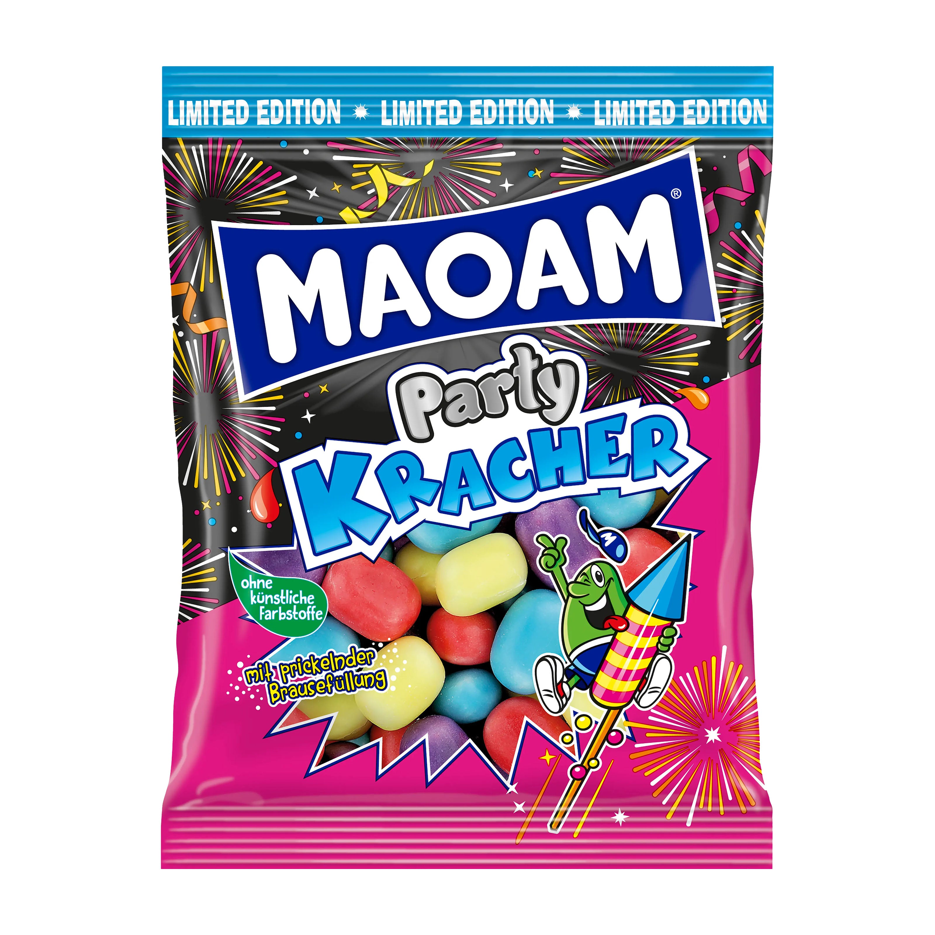 Maoam Party Kracher chewy candy bag with colorful design and fireworks graphics on a white background