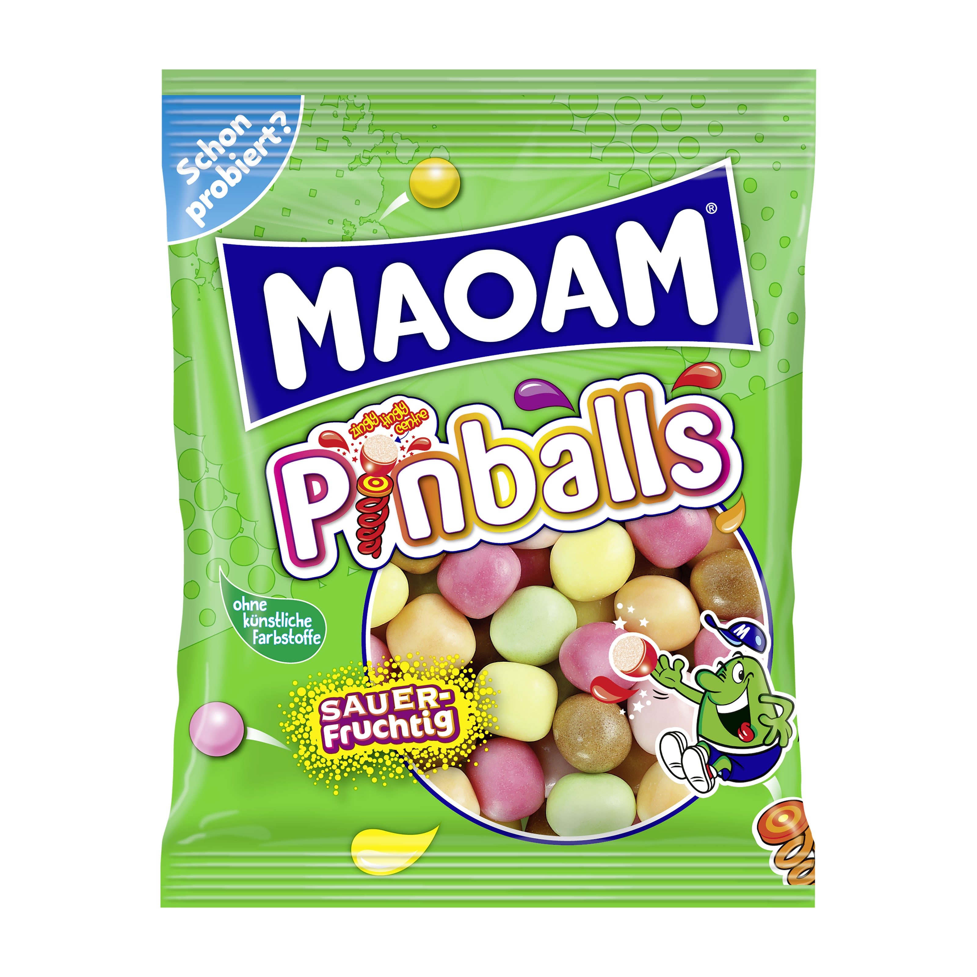 Packaging of Maoam Pinballs chewy candy with colorful candies and green background