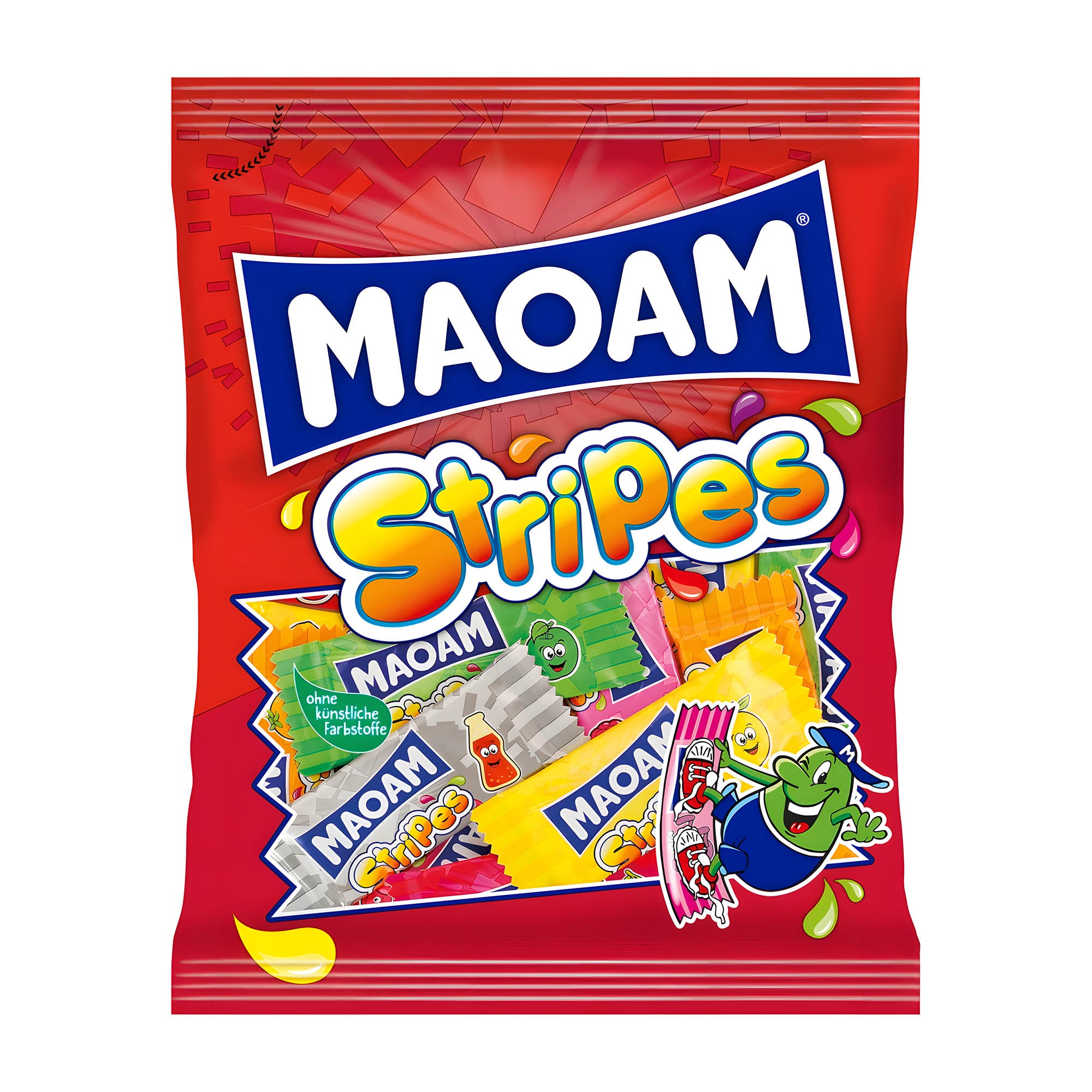 A package of Maoam Stripes chewy candy, featuring various fruit flavors, with colorful candy strips visible through the transparent wrapping.