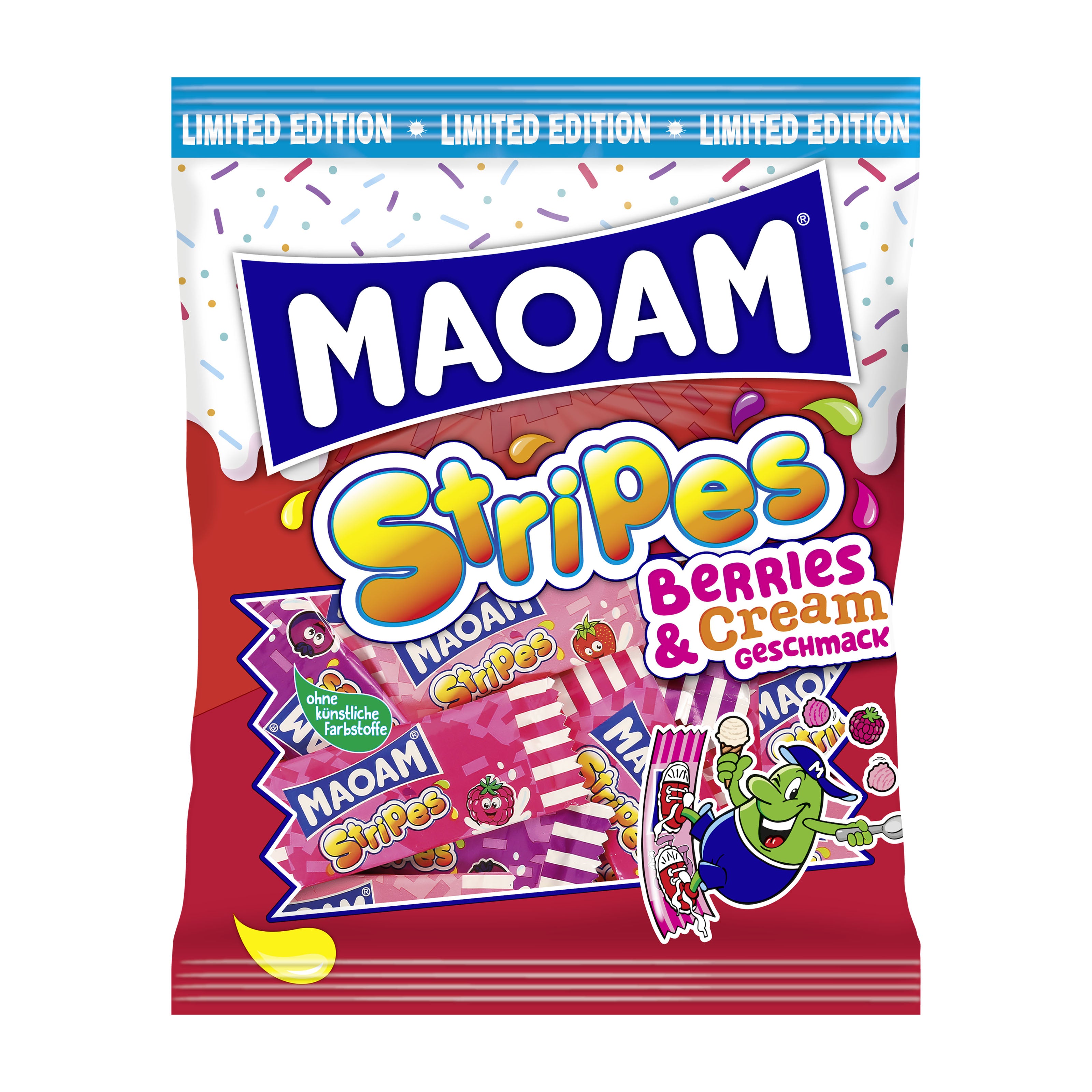 Maoam Stripes Berries & Cream chewy candy package on a white background