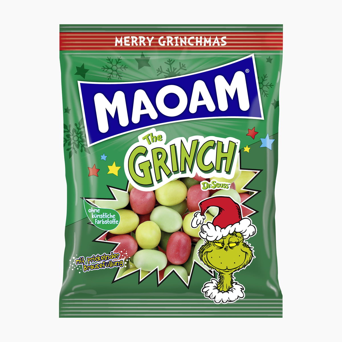 A bag of Maoam Dr. Seuss The Grinch chewy candy, featuring a green background with festive Grinch graphics, a clear window showing round multicolored candies, and a red 'Merry Grinchmas' banner at the top.