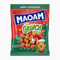 A bag of Maoam Dr. Seuss The Grinch Max chewy candy, featuring a festive red and green packaging design with illustrations of Max dog from The Grinch and the candy pieces visible through a clear window.