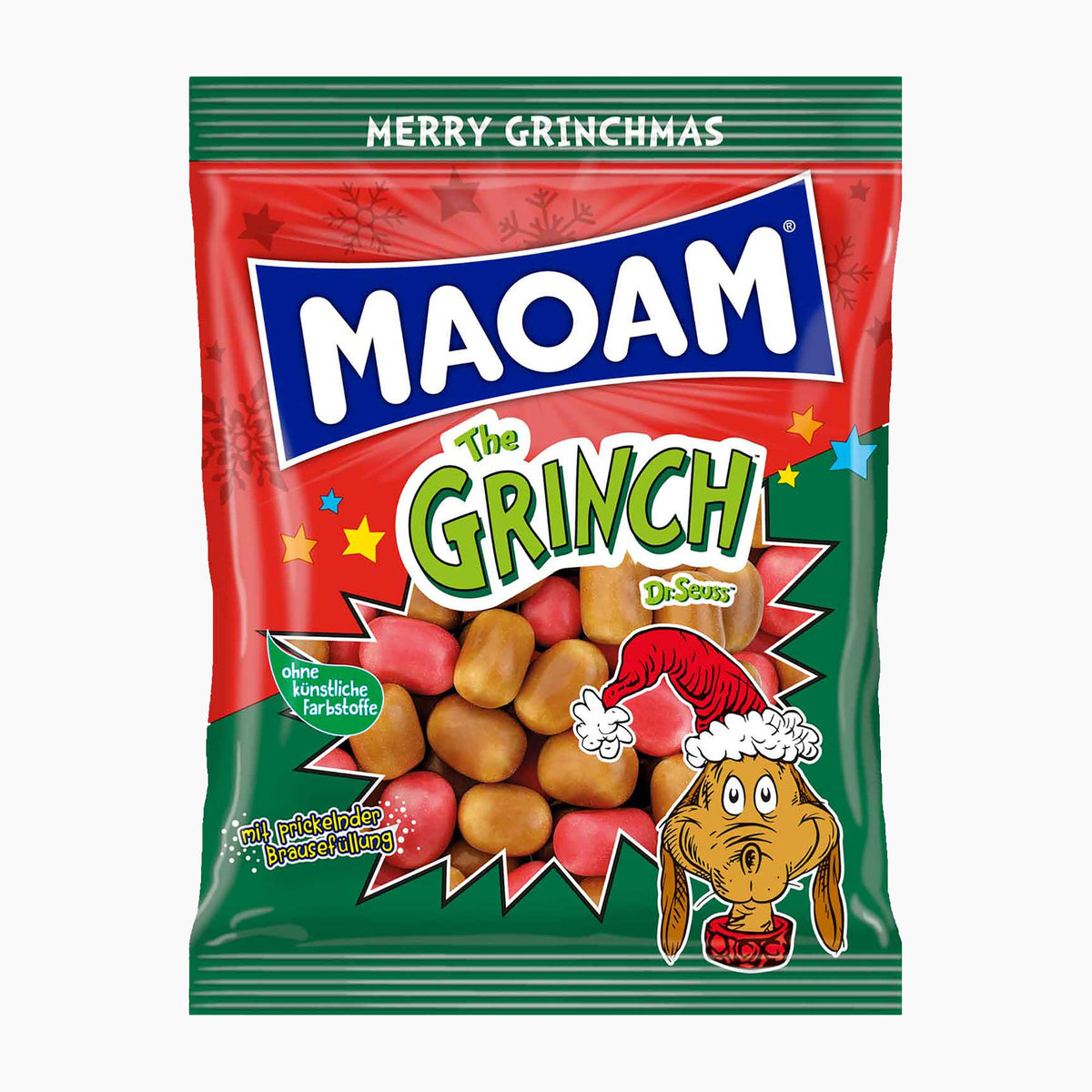 A bag of Maoam Dr. Seuss The Grinch Max chewy candy, featuring a festive red and green packaging design with illustrations of Max dog from The Grinch and the candy pieces visible through a clear window.