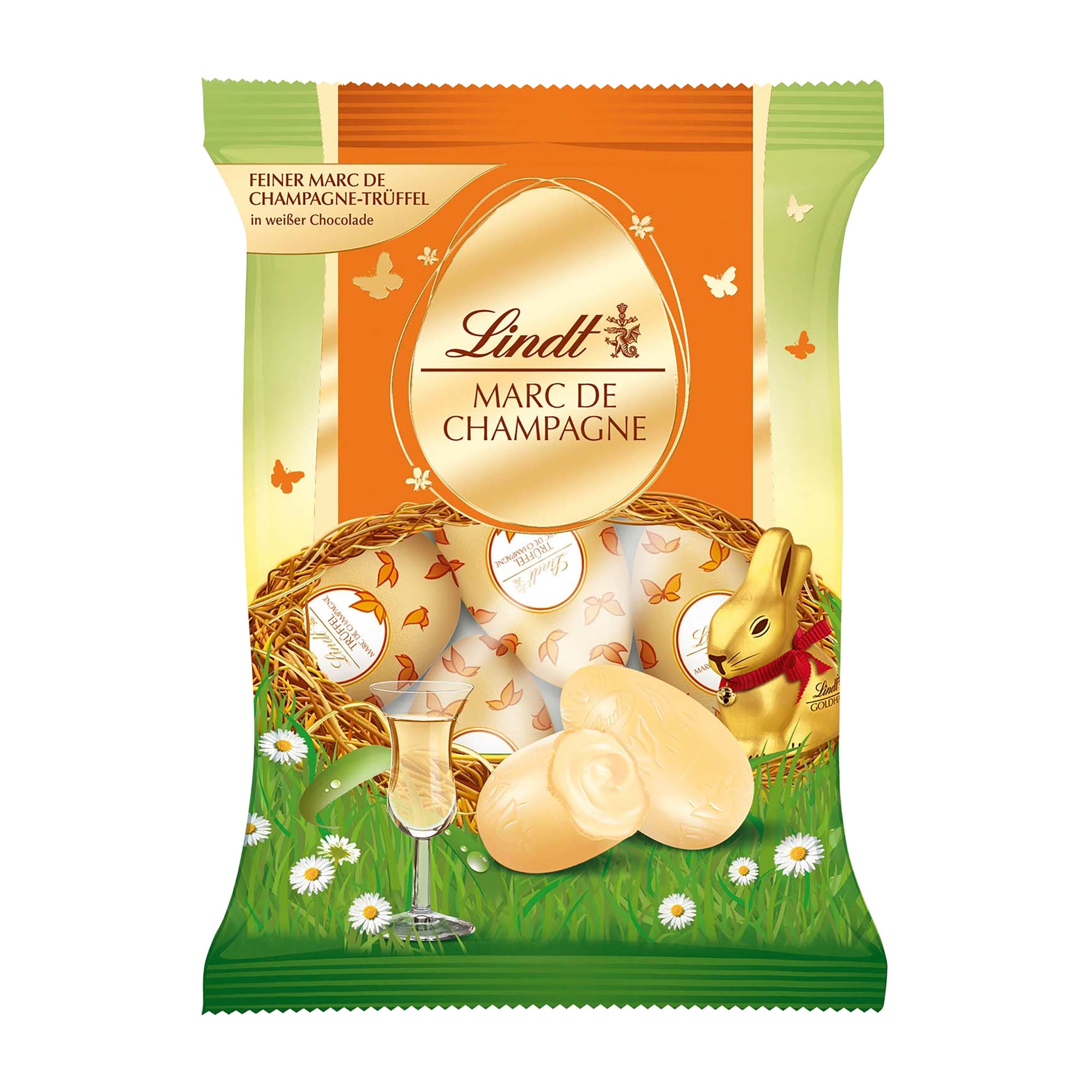 Packaging of Lindt Marc de Champagne truffle eggs, showing the product name and an image of white chocolate eggs with a champagne glass illustration.