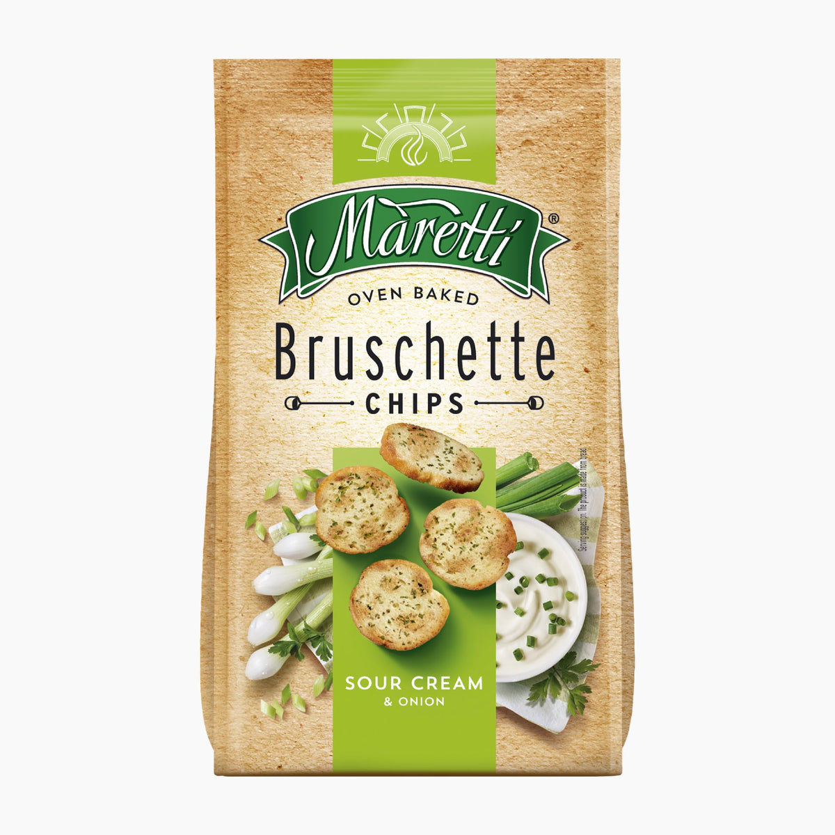 A 70g bag of Maretti Bruschette Chips Sour Cream & Onion on a light gray background.