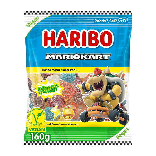 Haribo Mario Kart Sour gummy candy package with cartoon character on a white background