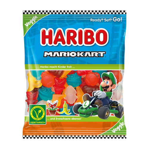Haribo Mario Kart Veggie gummy candy package with colorful gummy characters and Luigi on a blue background.