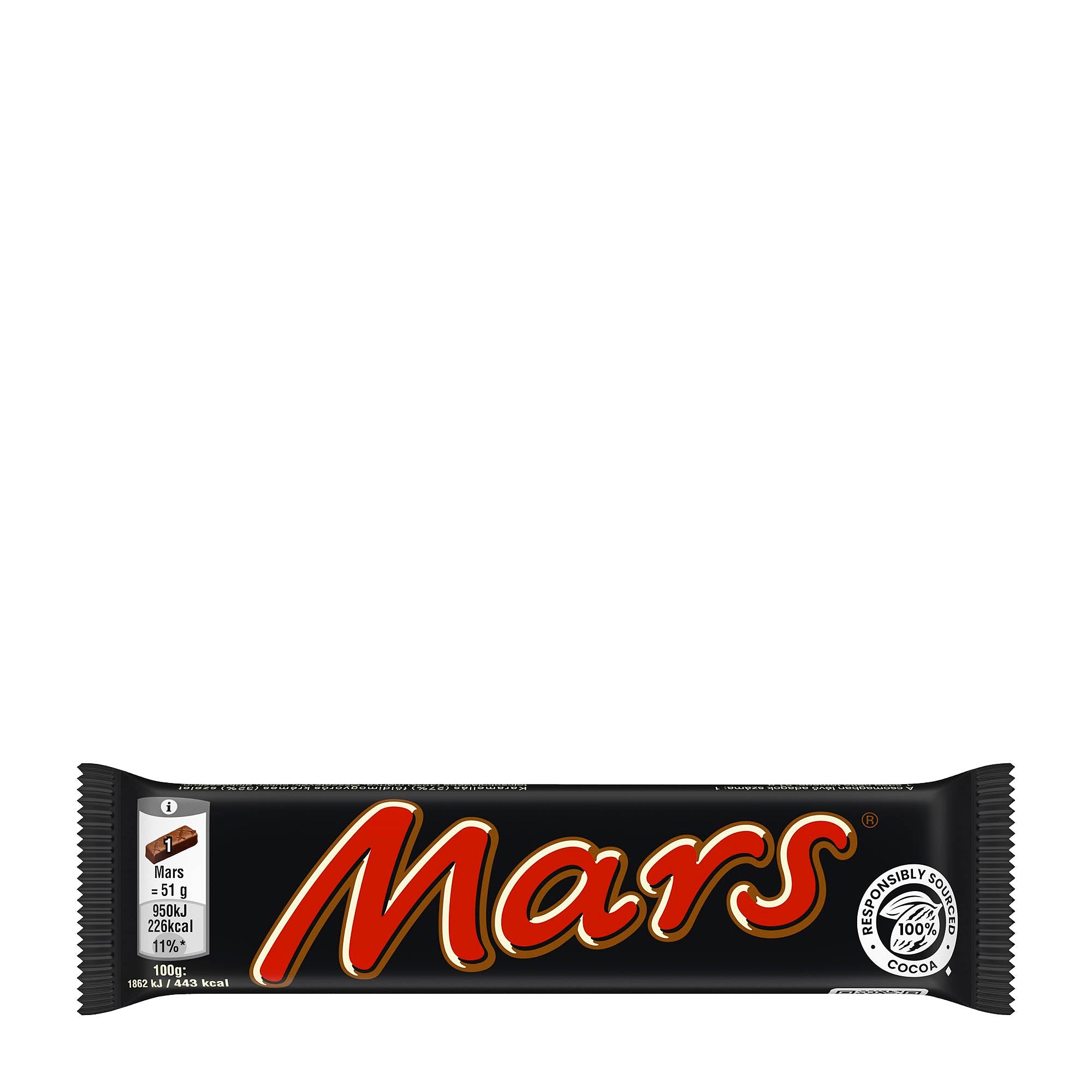 Packaging of Mars milk chocolate bar, 51 g with candy cream and caramel filling.