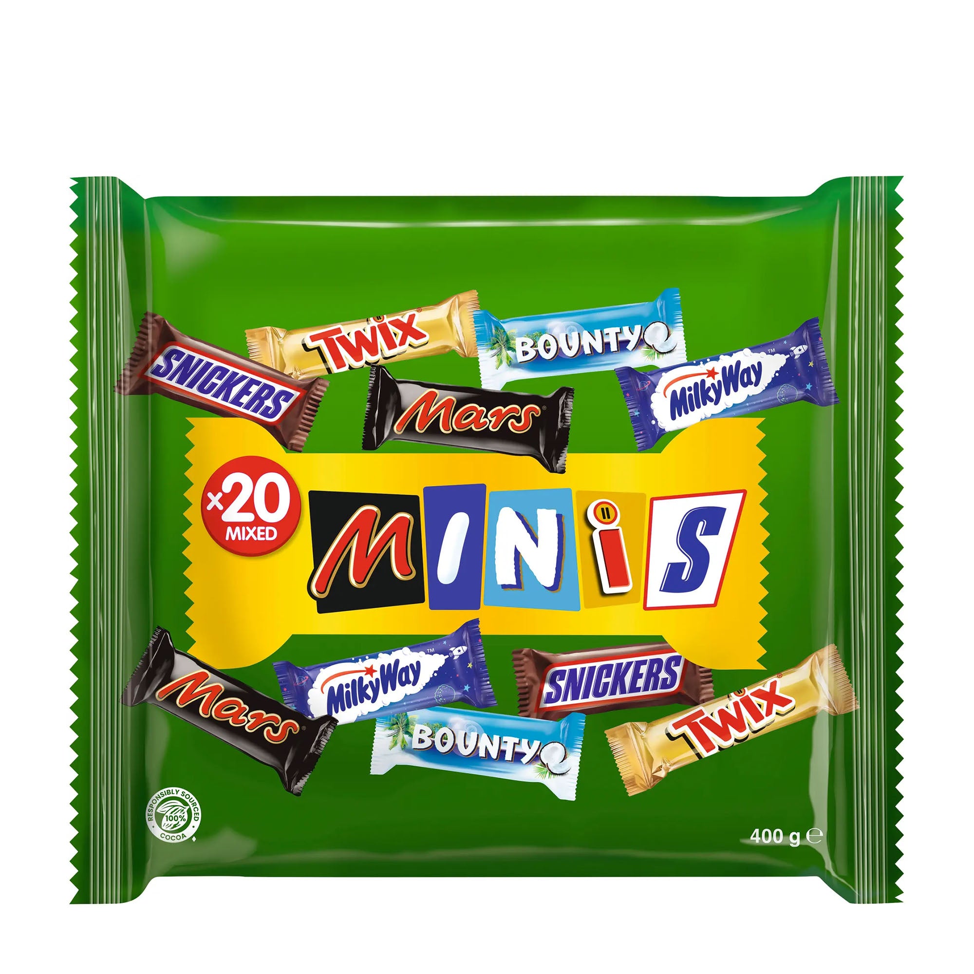 A pack of Mars Mixed Minis milk chocolate bars, featuring multiple mini bars including Snickers, Twix, Mars, Milky Way, and Bounty, in a green wrapper with the text 'MINIS' prominently displayed.