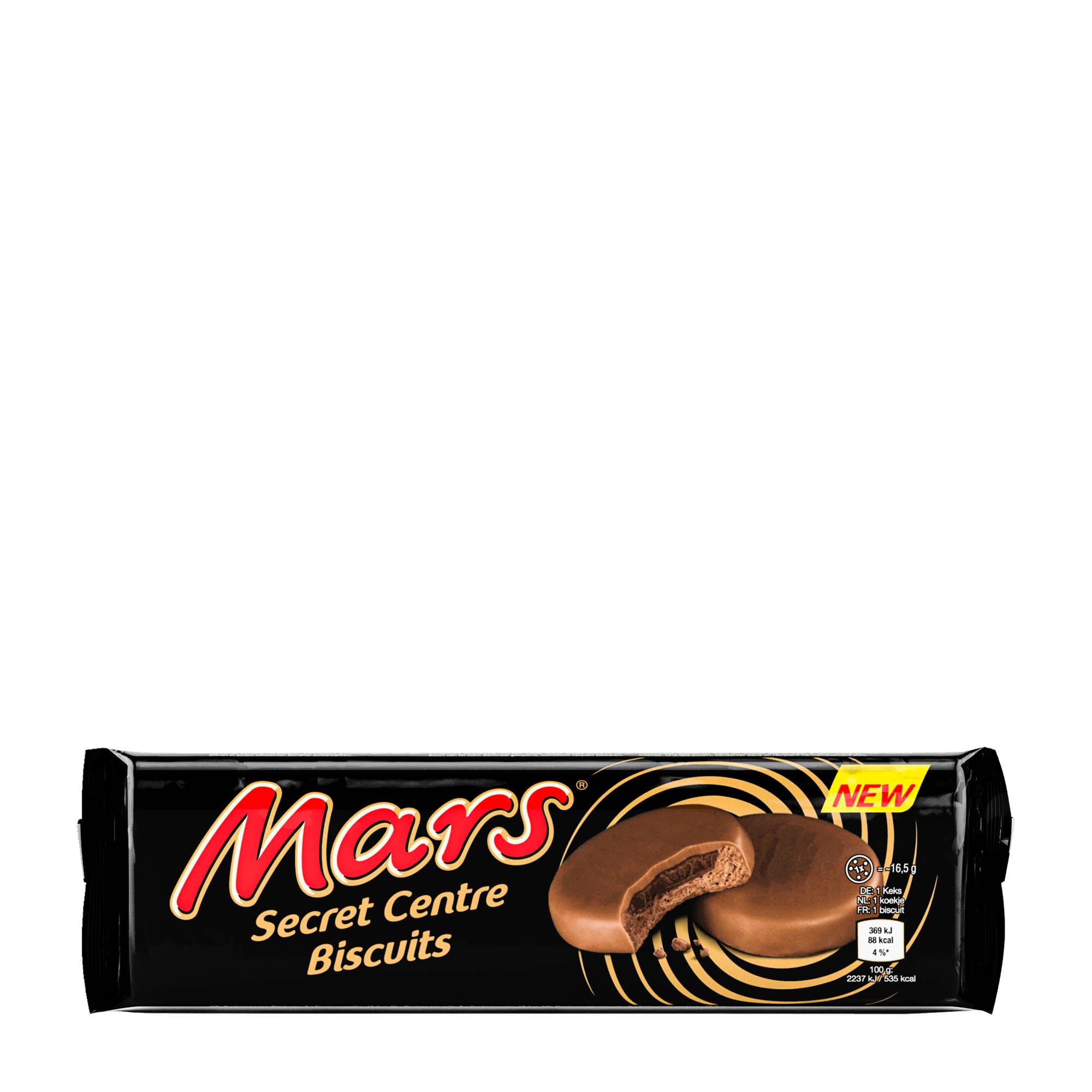 Packaging of Mars Secret Centre biscuits showing the brand logo, the product name, and an image of the biscuits coated in milk chocolate.