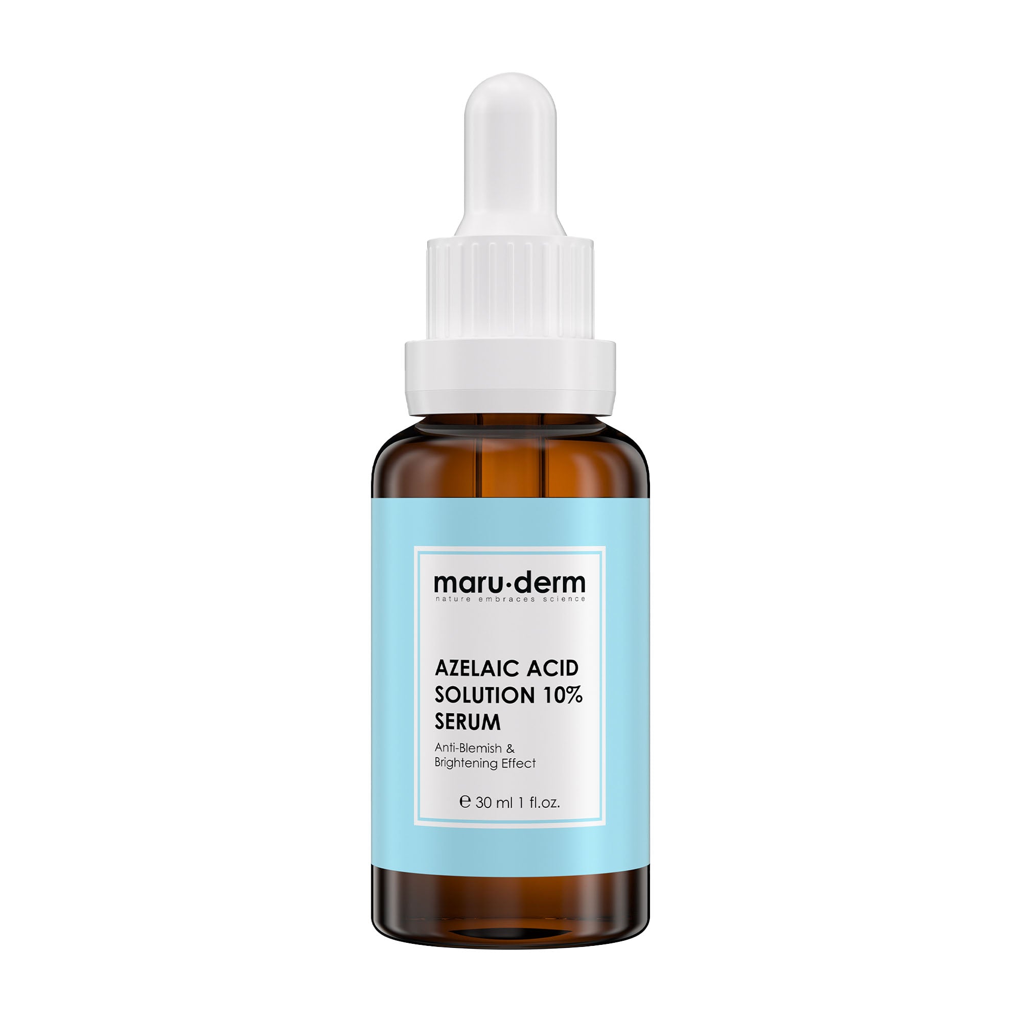 Brown bottle of Maruderm Azelaic Acid Solution 10% Serum with white cap and blue label on a white background