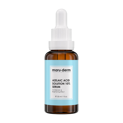 Brown bottle of Maruderm Azelaic Acid Solution 10% Serum with white cap and blue label on a white background