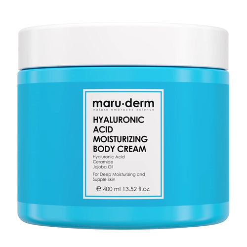 Blue jar of Maruderm Hyaluronic Acid Moisturizing Body Cream on a white background