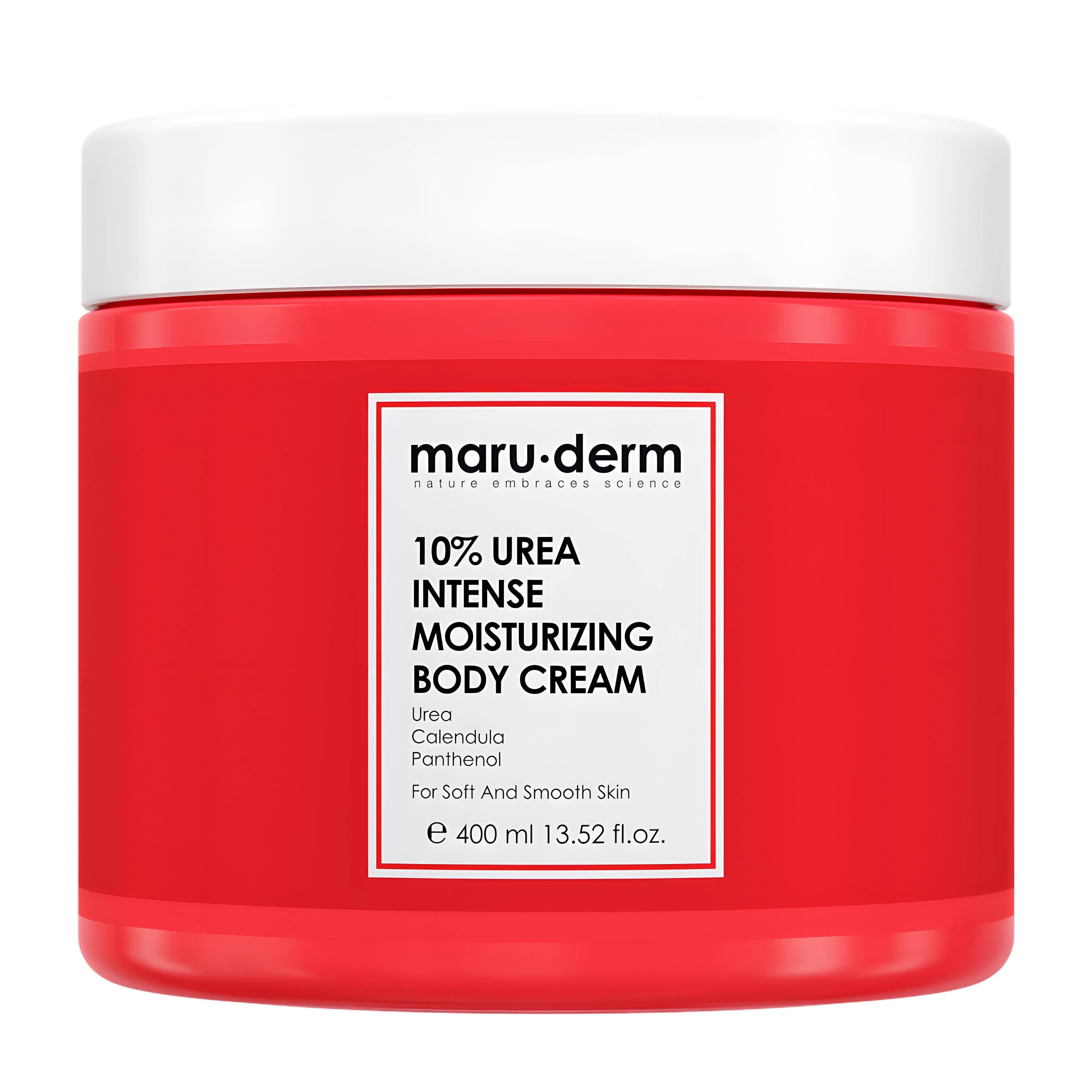 Red jar of maruderm 10% urea intense moisturizing body cream on a white background
