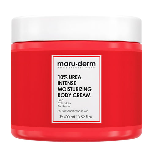 Red jar of maruderm 10% urea intense moisturizing body cream on a white background