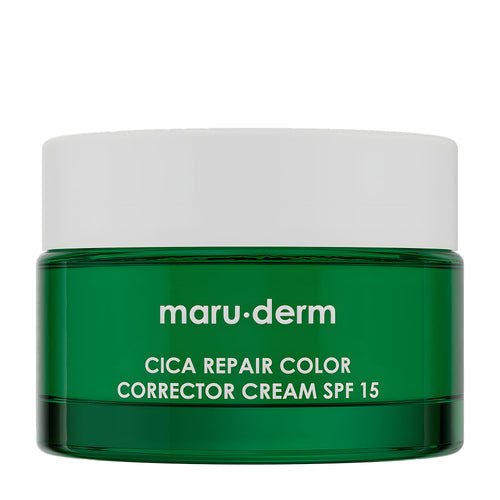 Green jar of Maru-Derm Cica Repair Color Corrector Cream SPF 15 on a white background