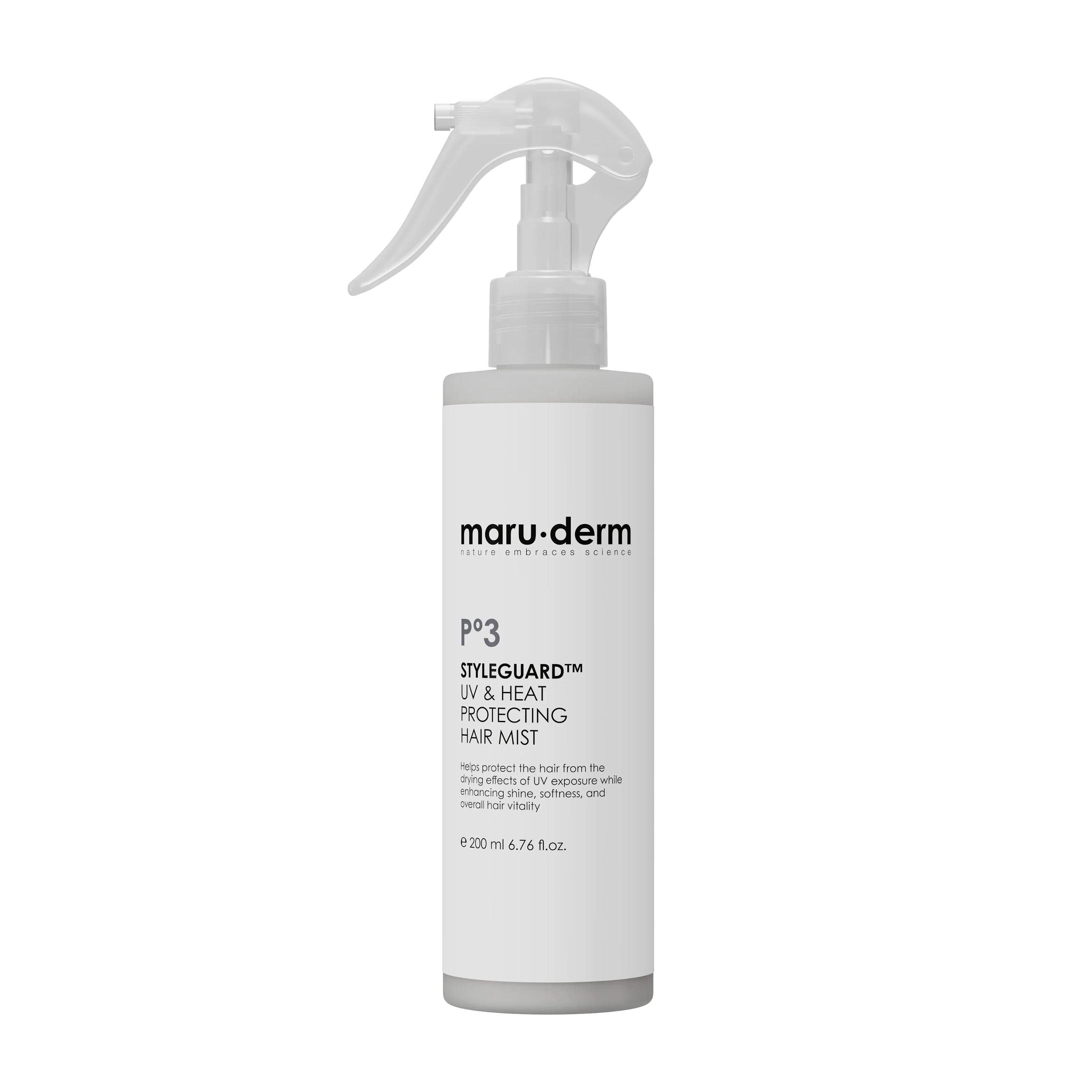 Maruderm Styleguard UV & Heat Protecting hair mist bottle on a white background