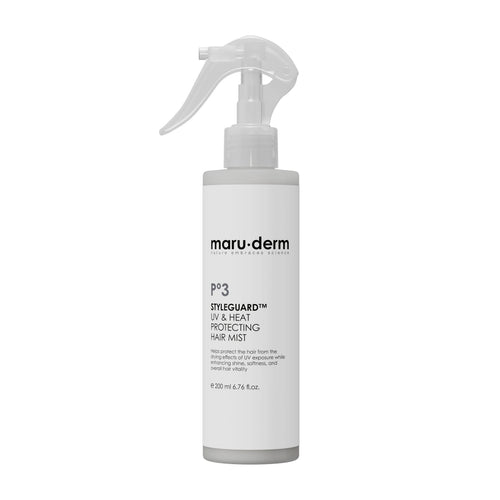 Maruderm Styleguard UV & Heat Protecting hair mist bottle on a white background