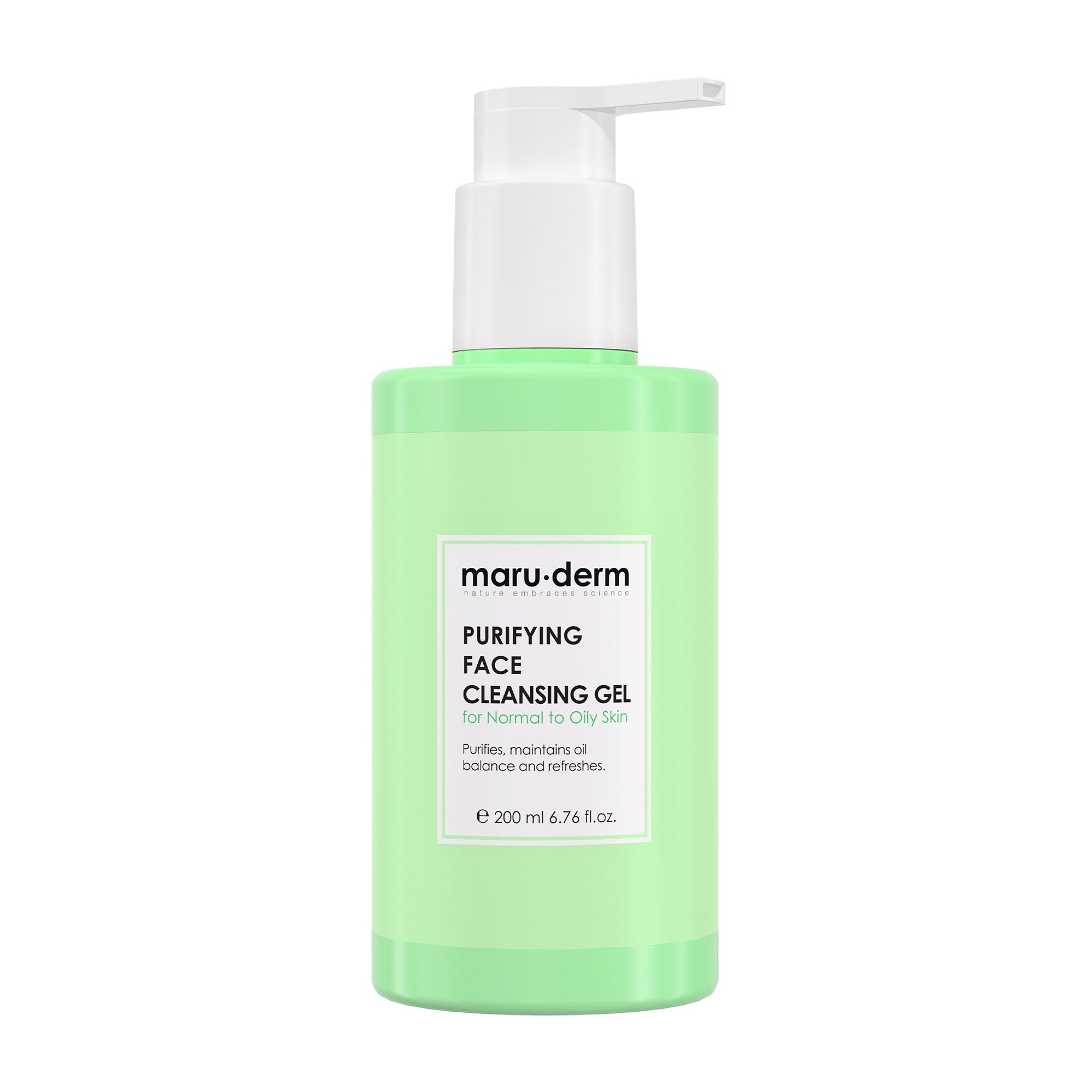 Green bottle of Maruderm Purifying Face Cleansing Gel on a white background