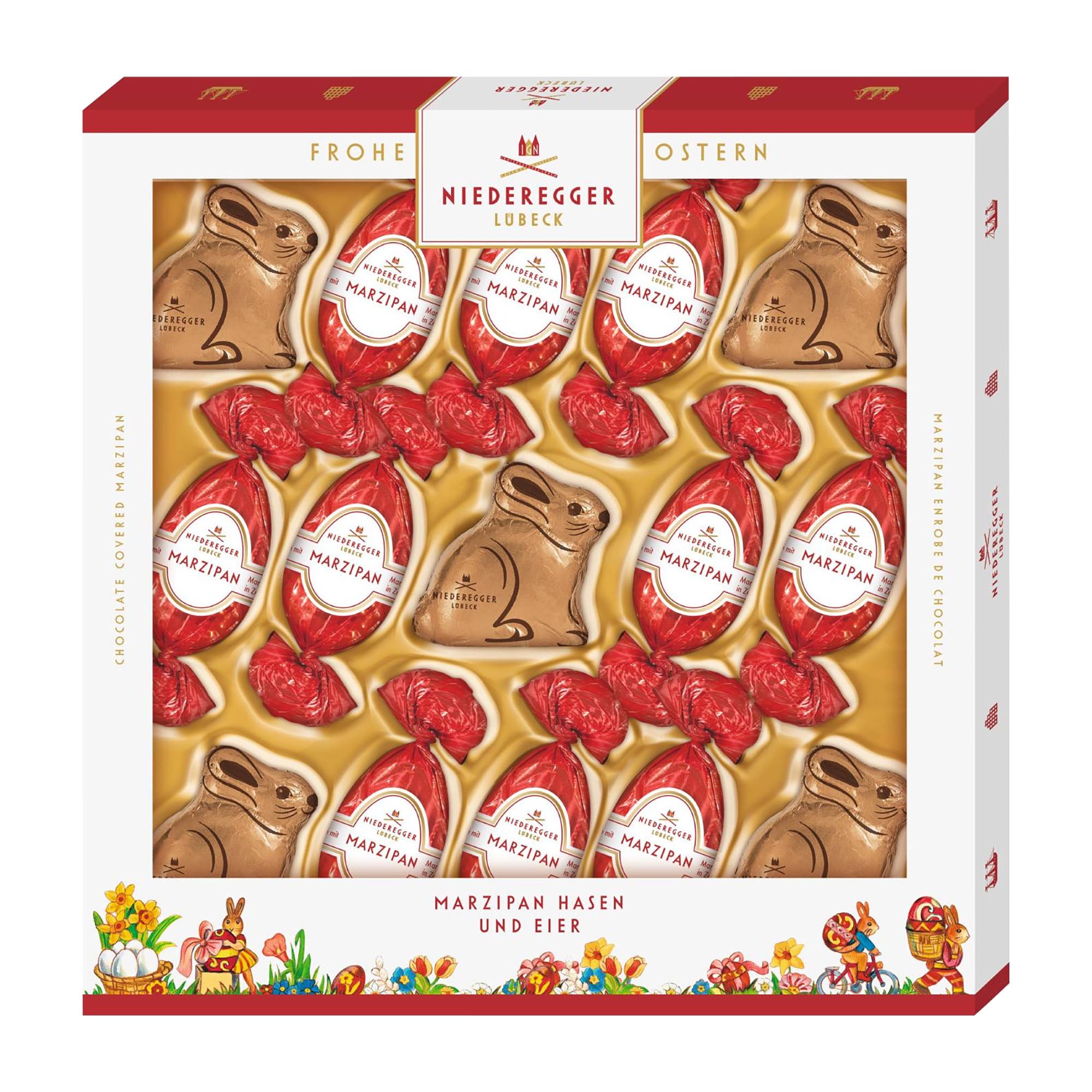 Niederreger Marzipan Pralines with eggs and bunnies in a decorative box.