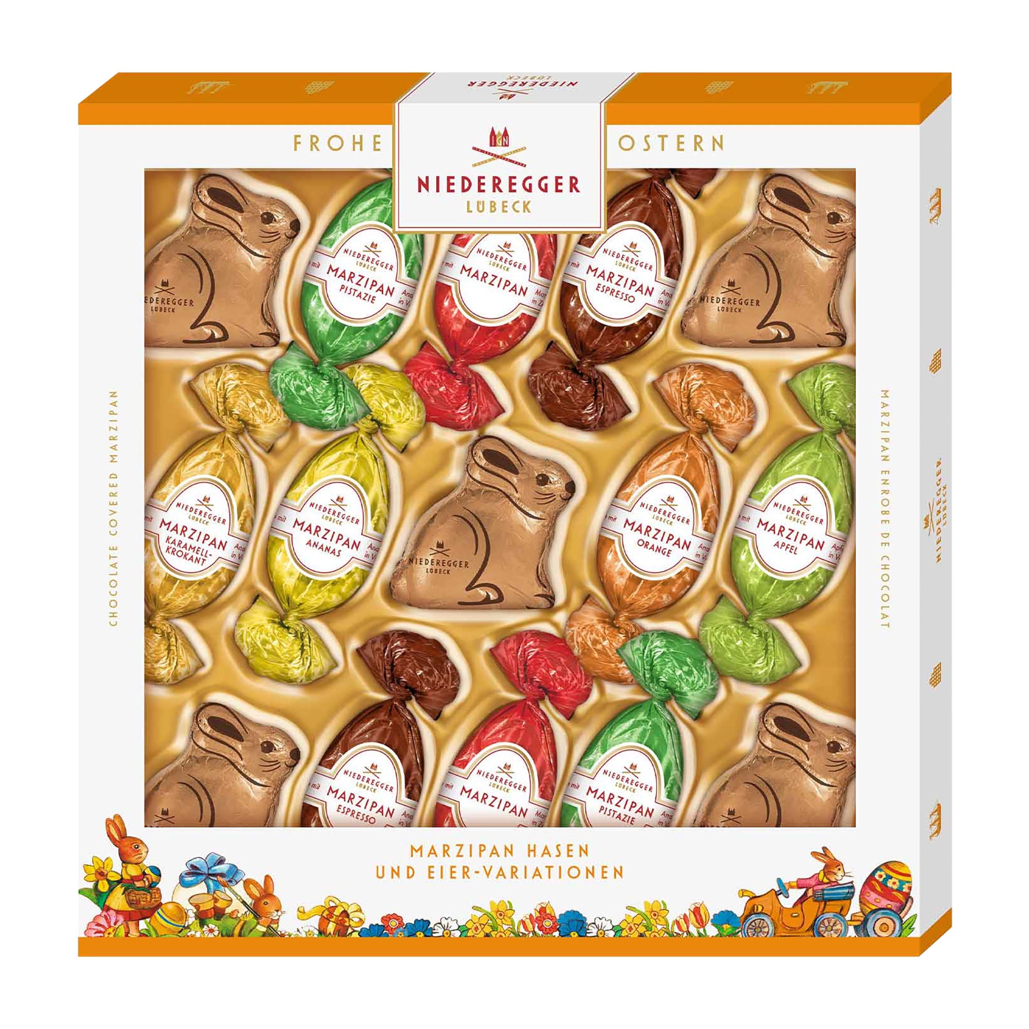Box of Niederreger Marzipan Bunny & Egg Varieties with colorful eggs and bunnies.