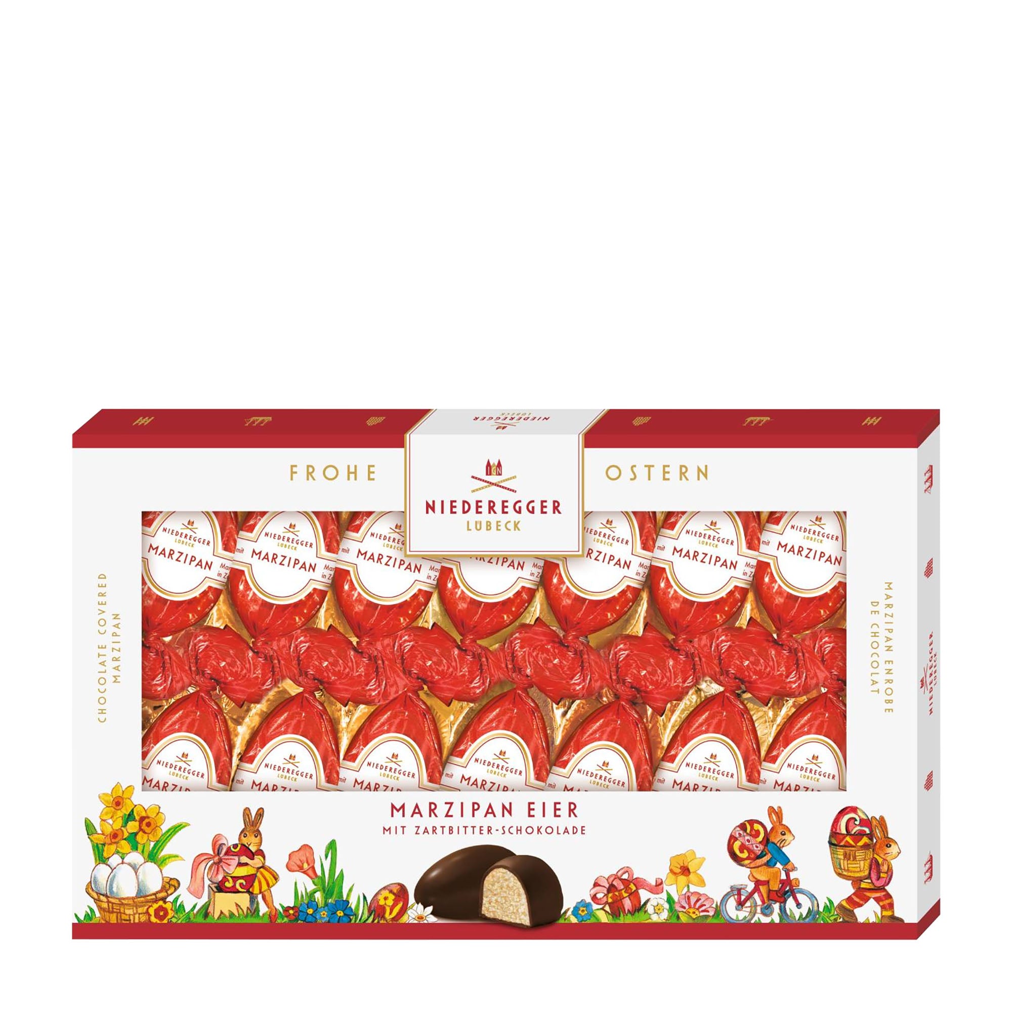 Box of Niederegger Marzipan Eggs with Easter-themed design on a white background