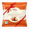 A package of Zentis Traditions Marzipan Potatoes Speculoos in a glossy orange and white bag decorated with a red ribbon and bow, featuring a Fairtrade logo.