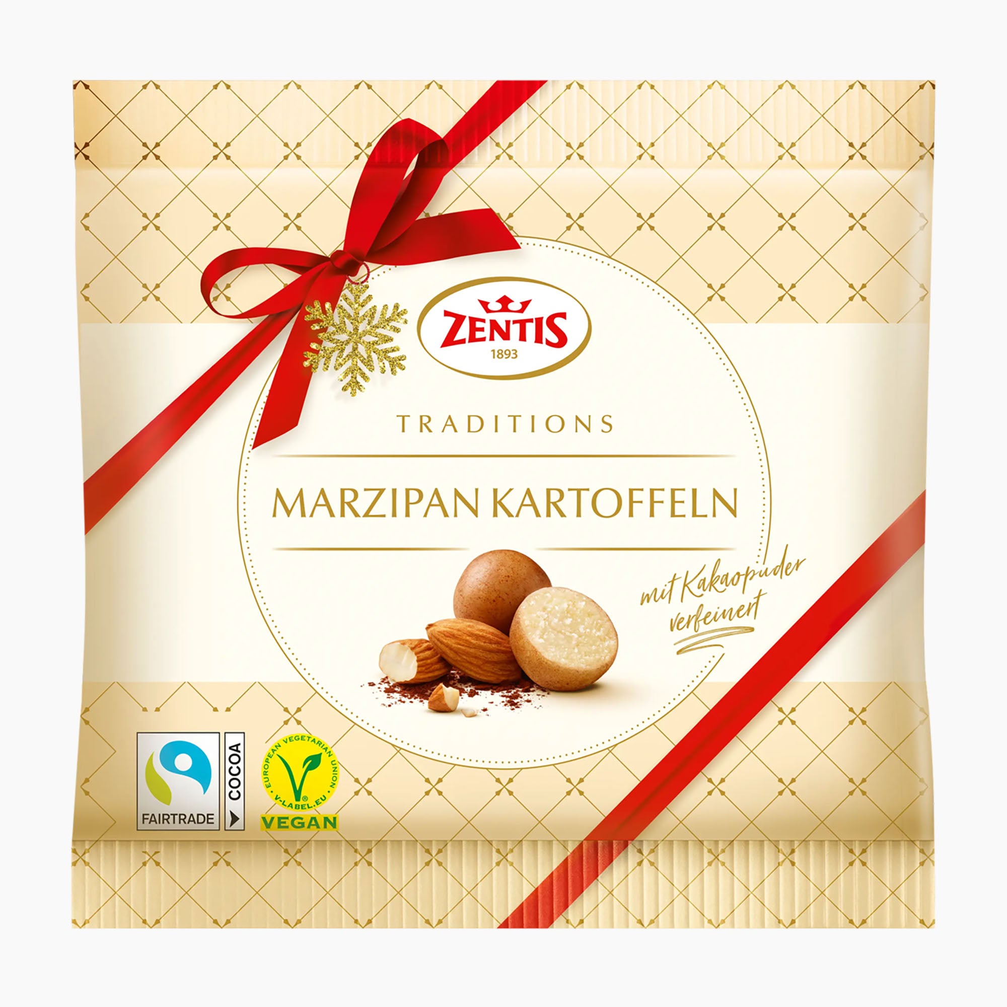 Zentis Traditions Marzipan Potatoes in a beige gift bag with a red ribbon, featuring product imagery of marzipan almonds and cookies, with Fairtrade and Vegan logos at the bottom.