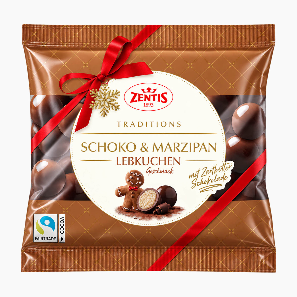 A package of Zentis Traditions Choco & Marzipan Gingerbread marzipan pralines, featuring a brown bag decorated with a red ribbon, a red bow, and a white circular label with product details and a gingerbread man illustration.