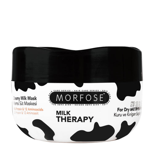 Morfose Milk Therapy creamy milk hair mask jar with black lid on a white background