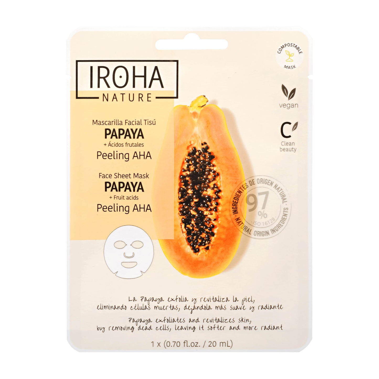 Iroha Nature Papaya Peeling AHA-Tuchmaske, 20 ml