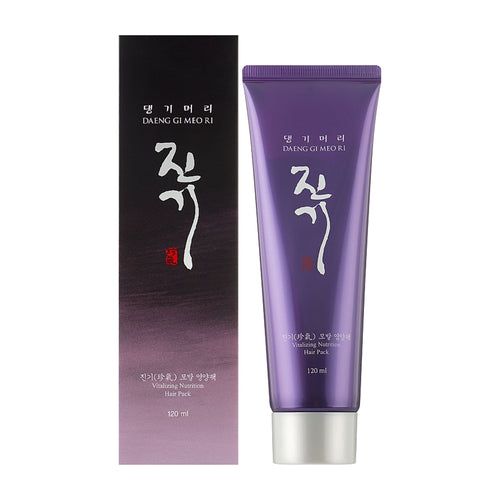 Purple hair pack tube and box of Vitalizing Nutrition Hair Pack hair mask with 'Daeng Gi Meo Ri' branding on a white background