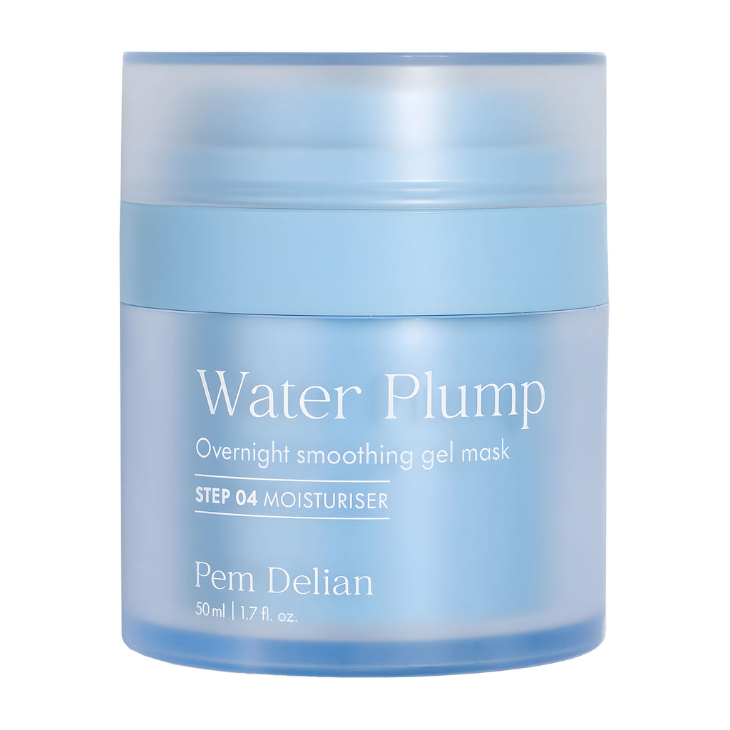 Blue jar of 'Water Plump' overnight smoothing gel mask by Pem Delian on a white background