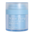 Blue jar of 'Water Plump' overnight smoothing gel mask by Pem Delian on a white background