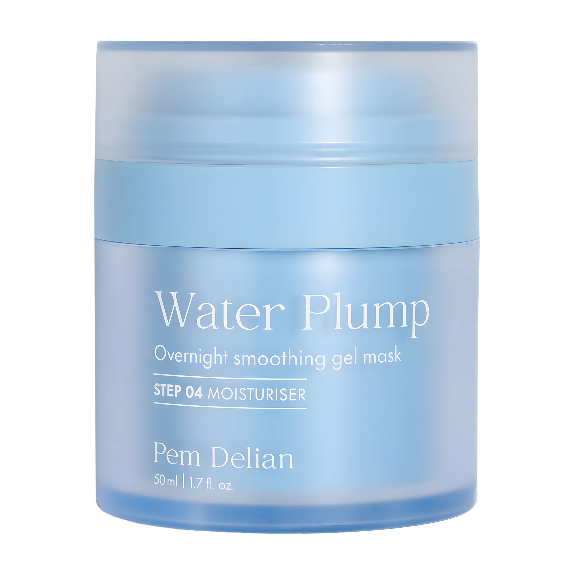 Blue jar of 'Water Plump' overnight smoothing gel mask by Pem Delian on a white background