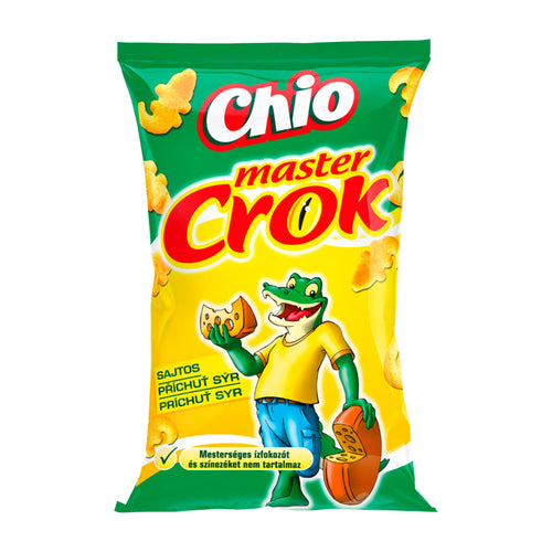 Chio master Crok Cheese Flavored corn snack package with a cartoon crocodile character on a white background