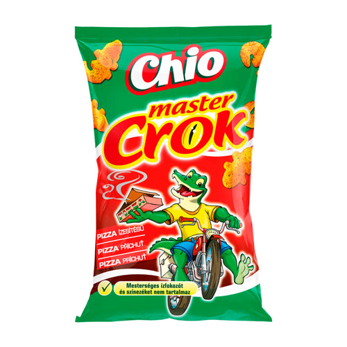 Chio master Crok Pizza Flavor corn snack package with a cartoon character on a white background