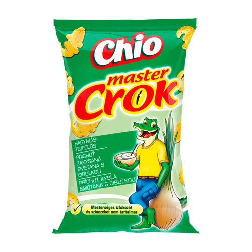 Chio master Crok Sour Cream & Onion Flavor corn snack packaging with a cartoon character on a white background
