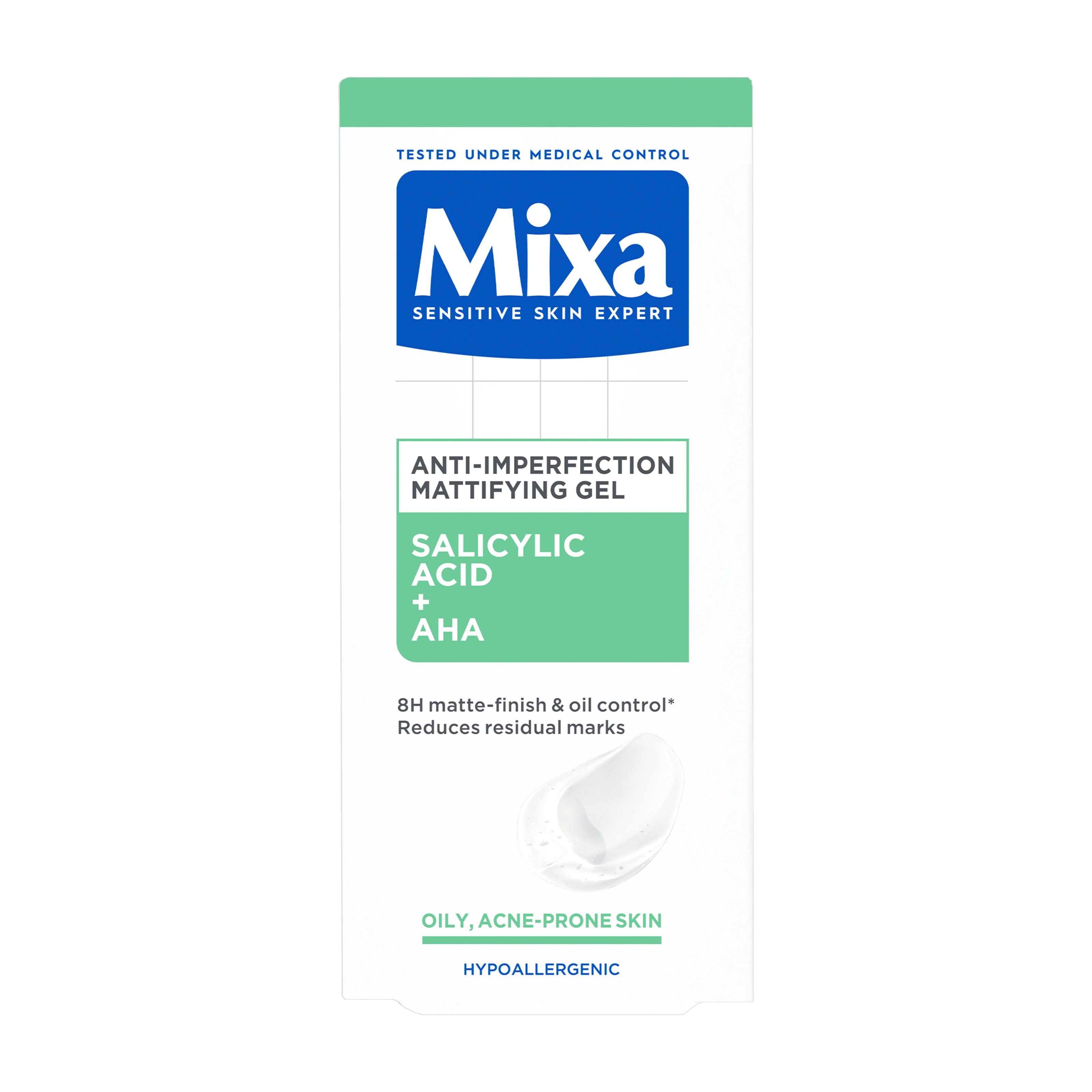 Packaging of Mixa Anti-Imperfection Mattifying Gel on a white background