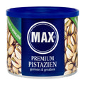 Max Premium Pistachio container with blue lid and pistachio images on a white background