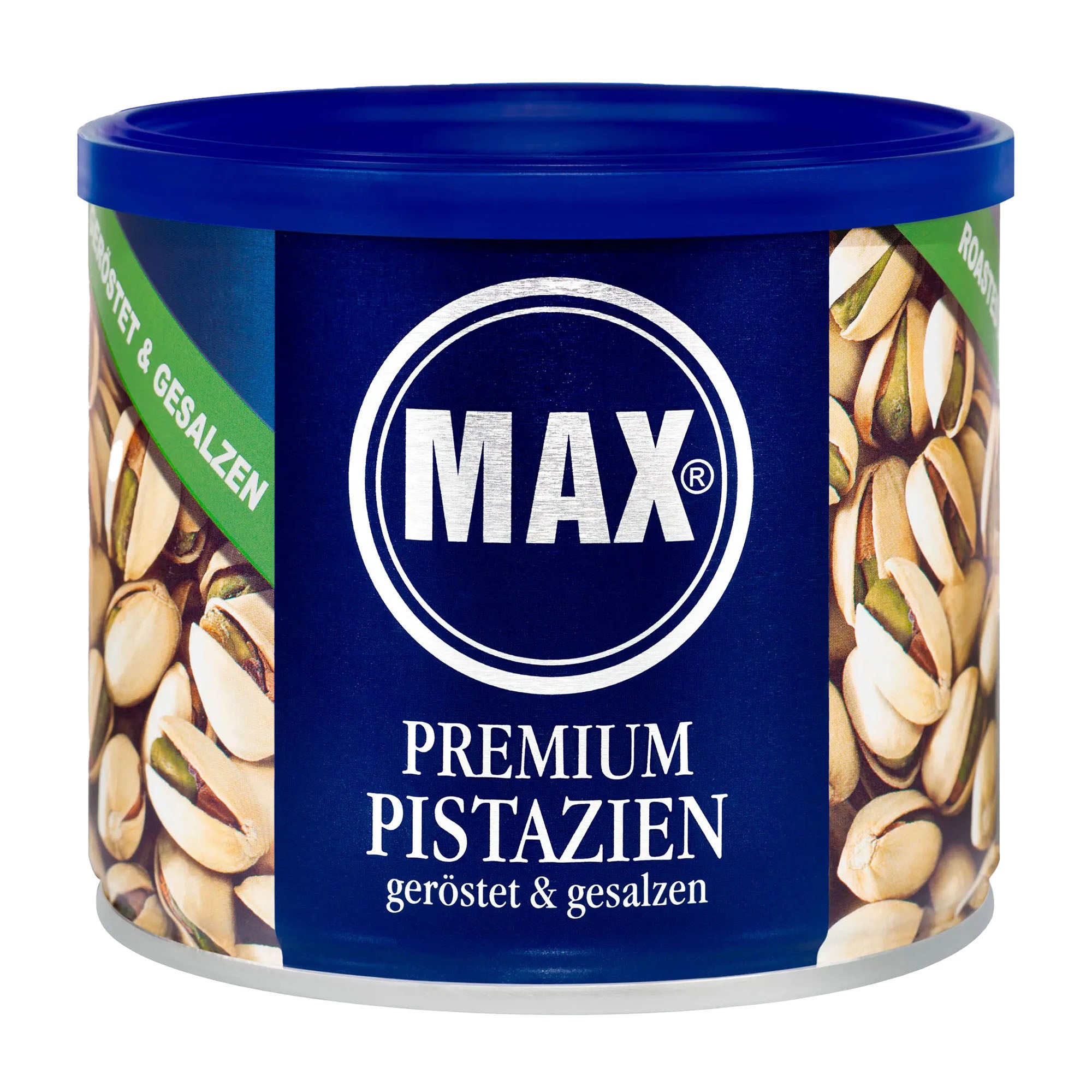 Max Premium Pistachio container with blue lid and pistachio images on a white background