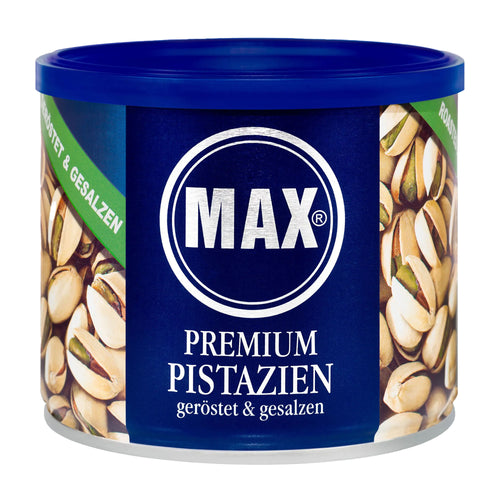 Max Premium Pistachio container with blue lid and pistachio images on a white background