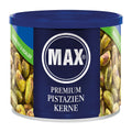 Blue container of MAX Premium Pistachio Kernels with pistachio images on a white background