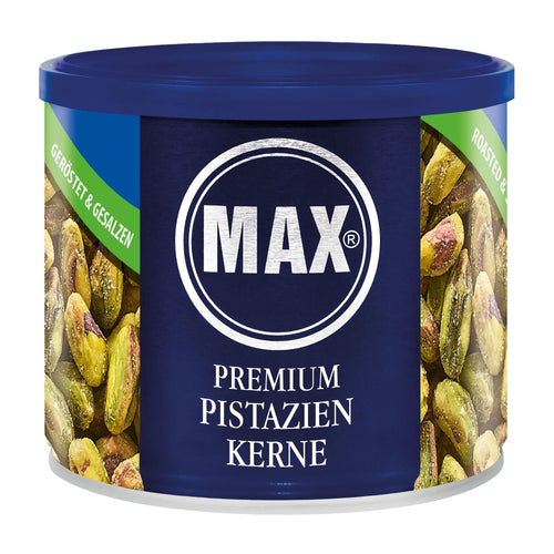 Blue container of MAX Premium Pistachio Kernels with pistachio images on a white background