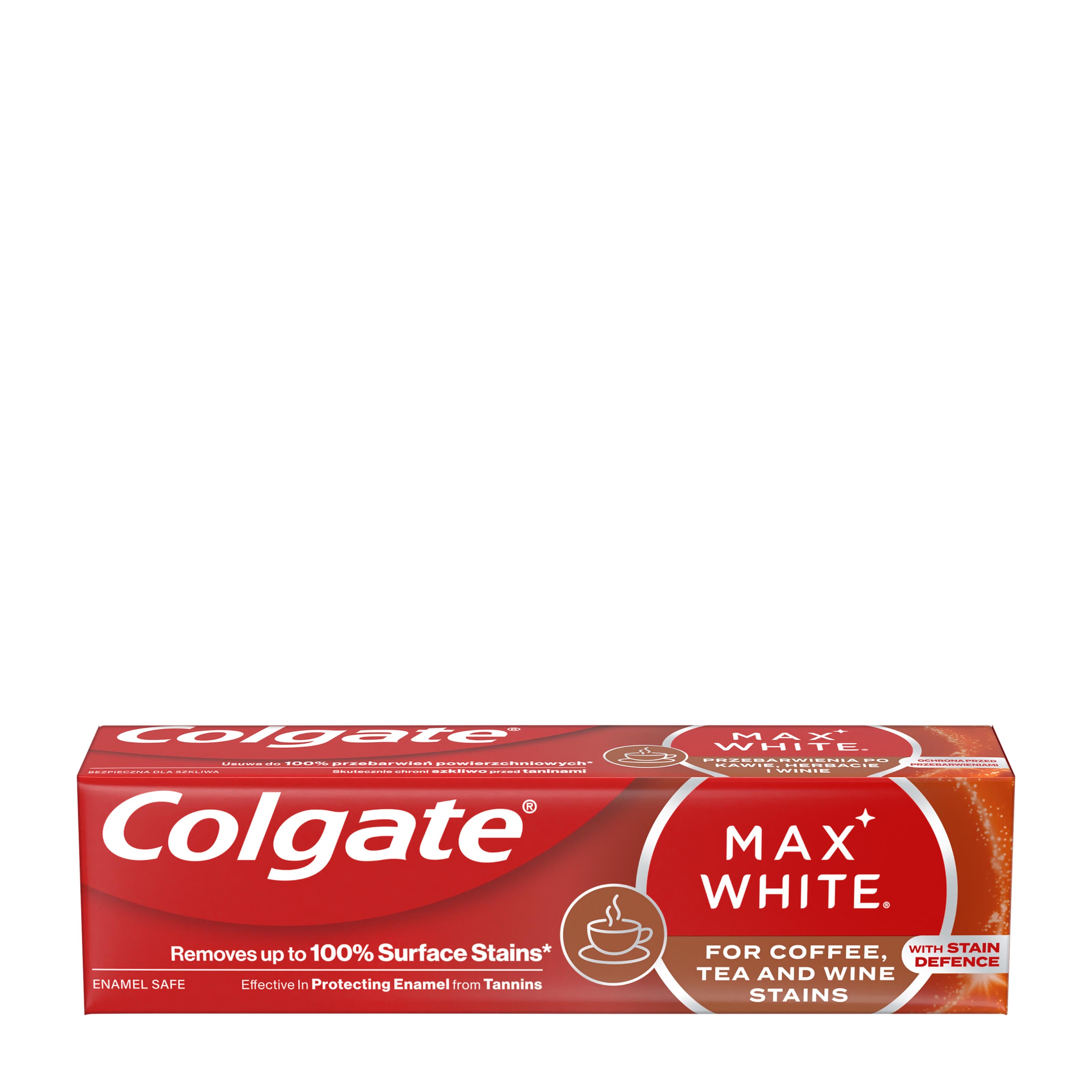 Colgate Max White Toothpaste for Coffee, Tea & Wine packaging on a white background.